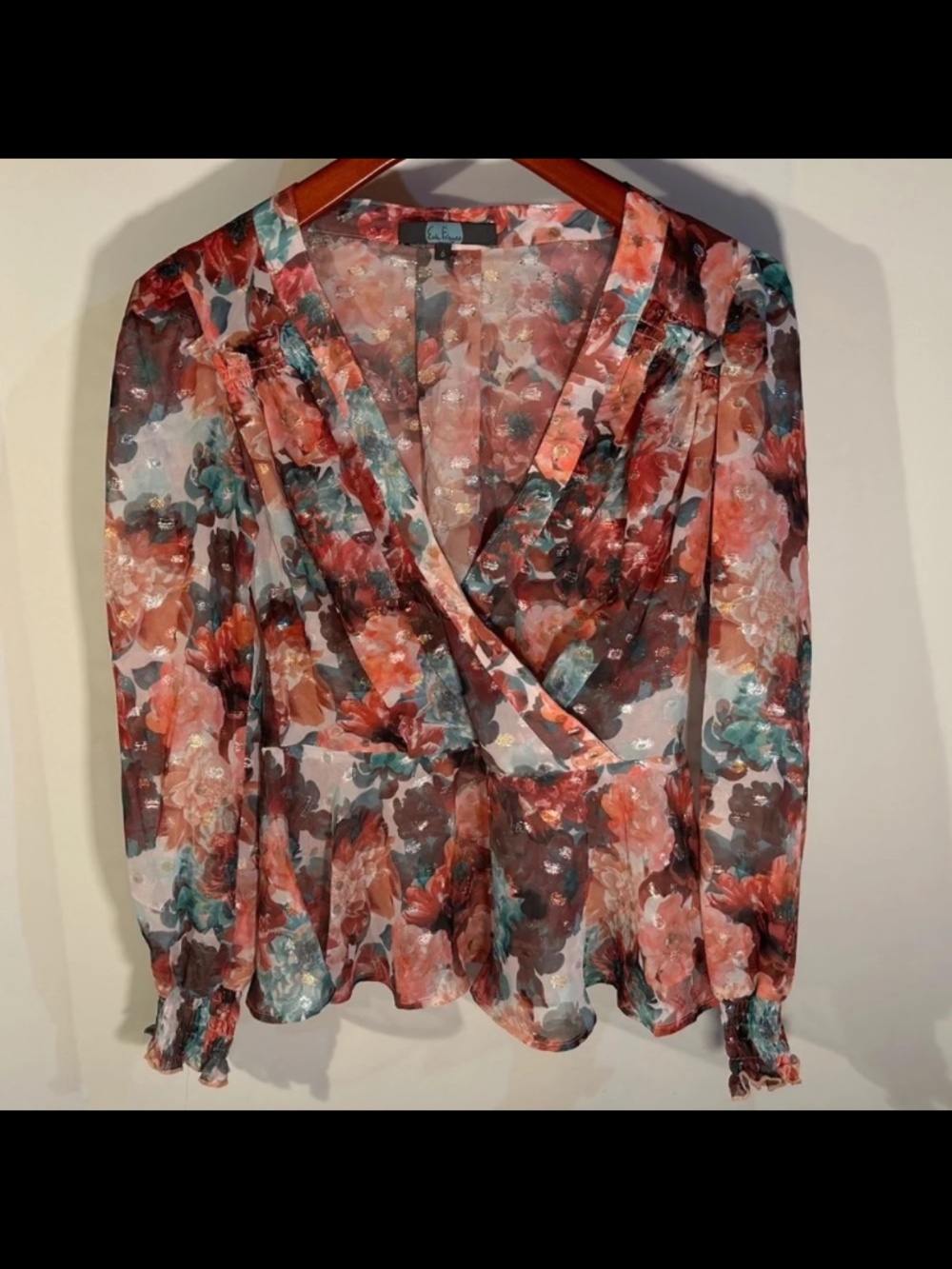 NWOT Eva Franco Long Sleeve V Neck Floral Metallic Polka Dot Blouse Size 6